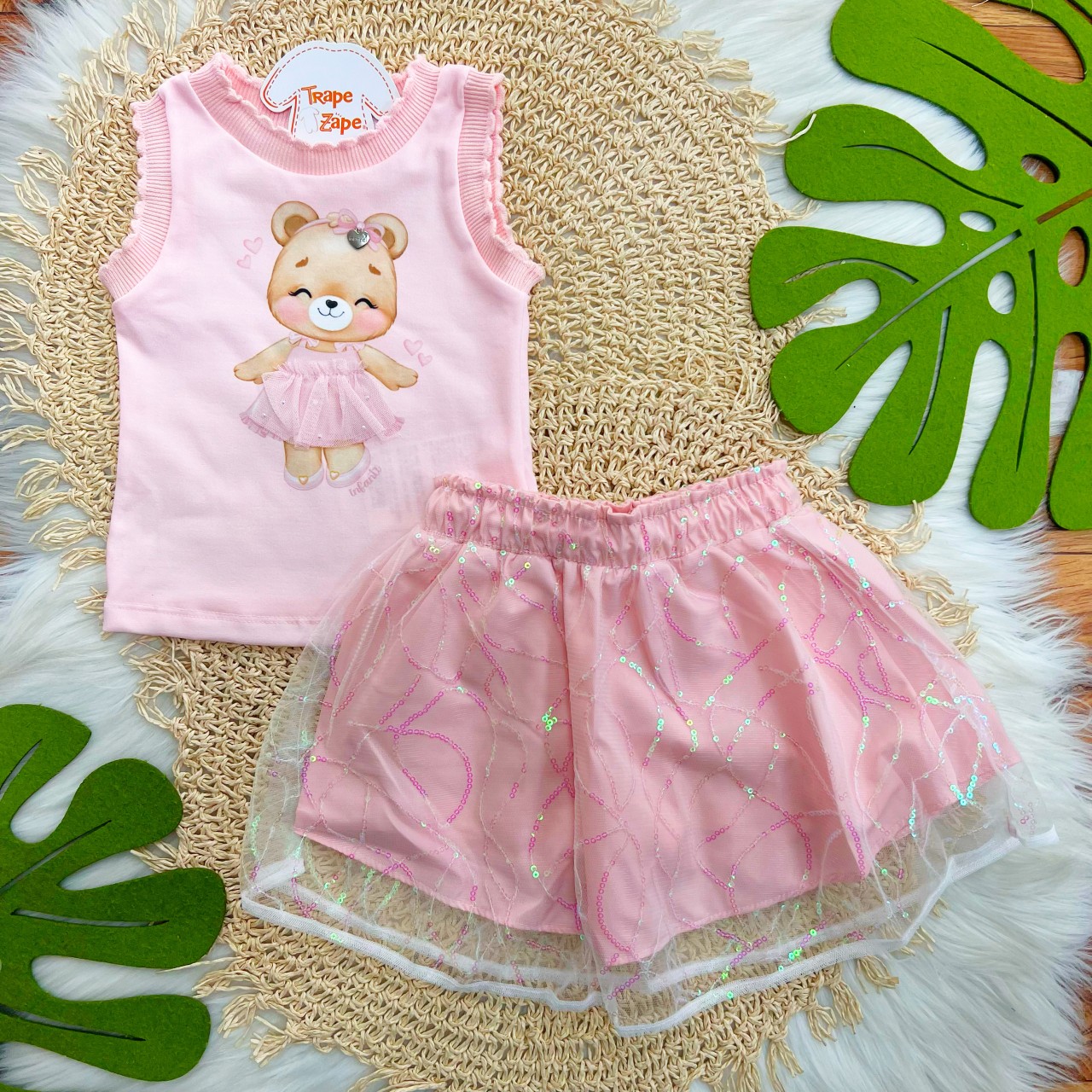 Conj. Regata Ursinha e Short Saia em Tule com Paetê - Rosa